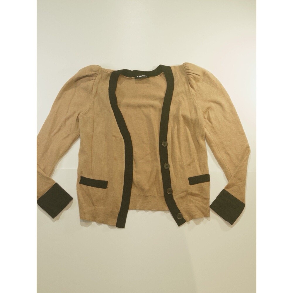 Express Puffed Sleeve Button Down Cadigan Tan and Black Medium
